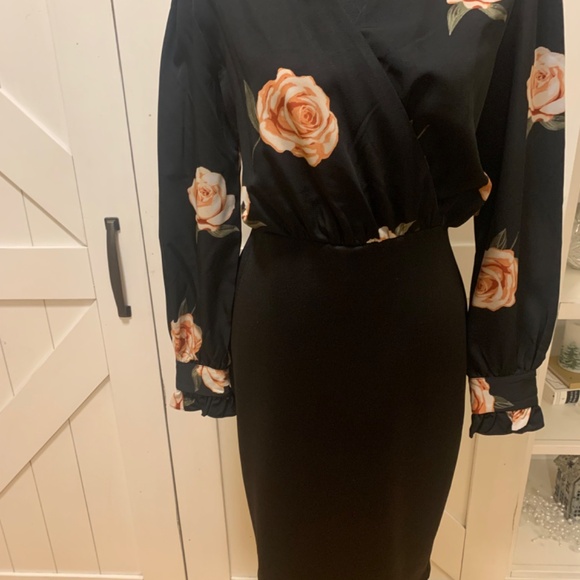 Black Floral Office Bodycon Suzy Shier Dress for Women - Picture 2 of 11